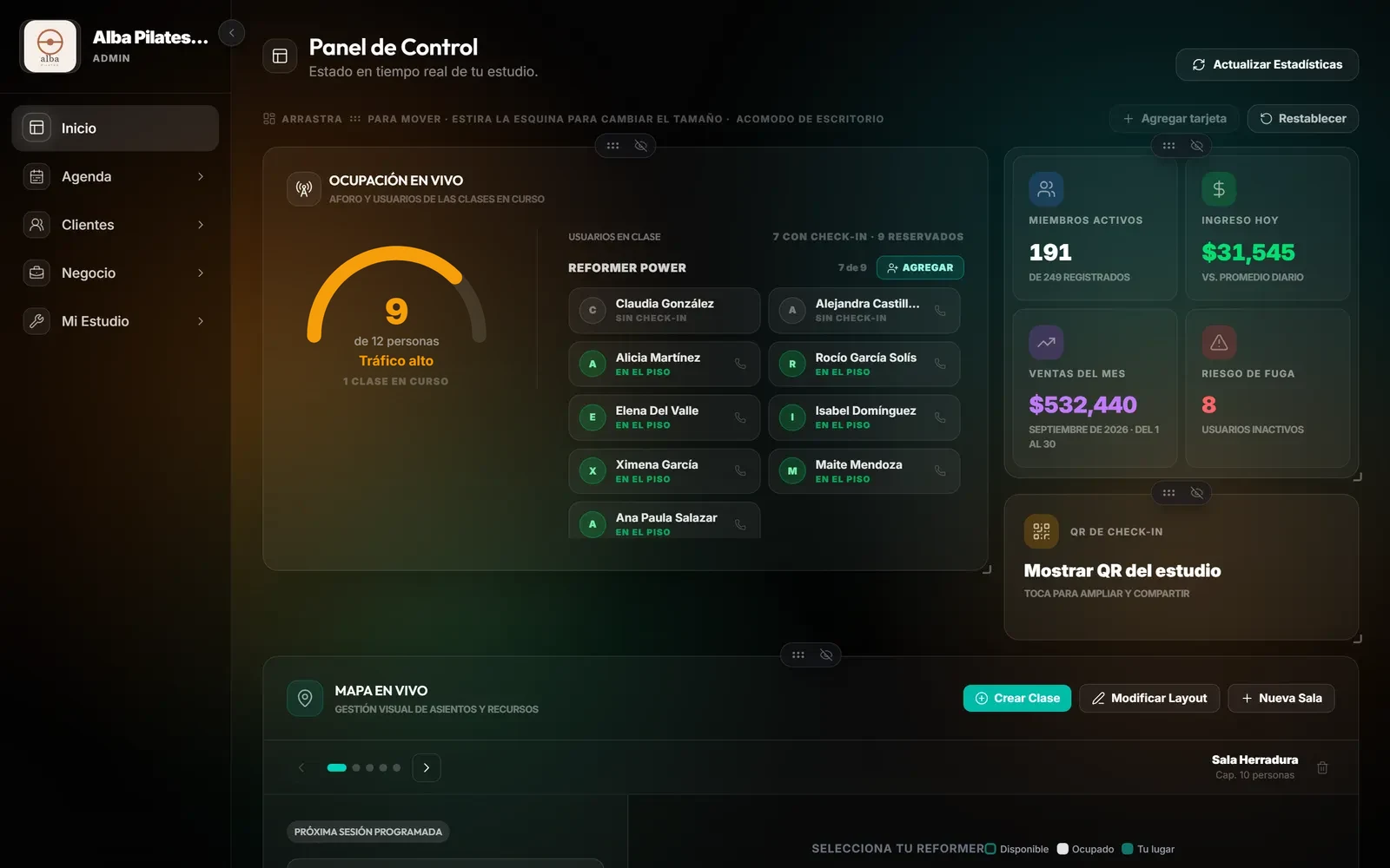 Panel del estudio con la ocupación en vivo y las ventas del día