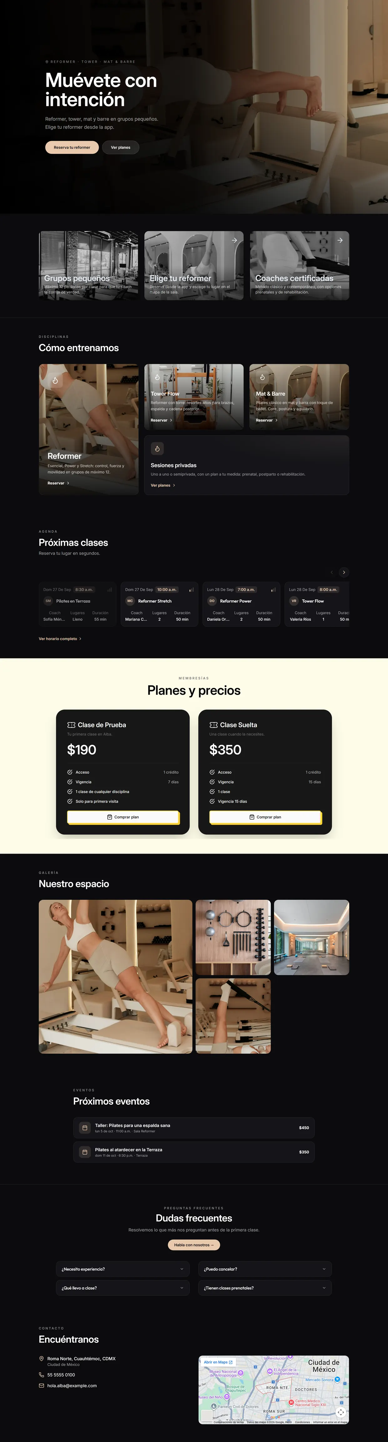 Sitio de Alba Pilates Studio en computadora: portada, disciplinas, próximas clases, planes y precios, galería, eventos, preguntas frecuentes y contacto con mapa