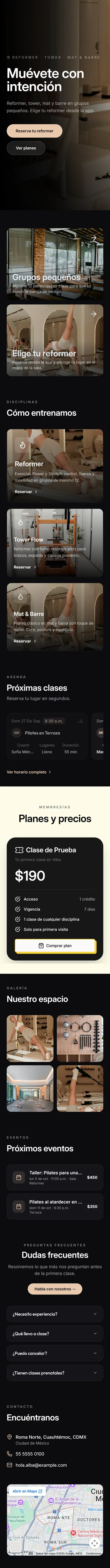 Portada del sitio de ejemplo de Alba Pilates Studio en un celular
